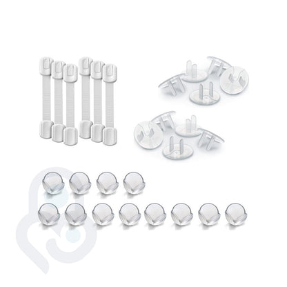 Bump Defender Safety Kit with 6 strap locks, 12 clear corner guards, and 24 outlet covers