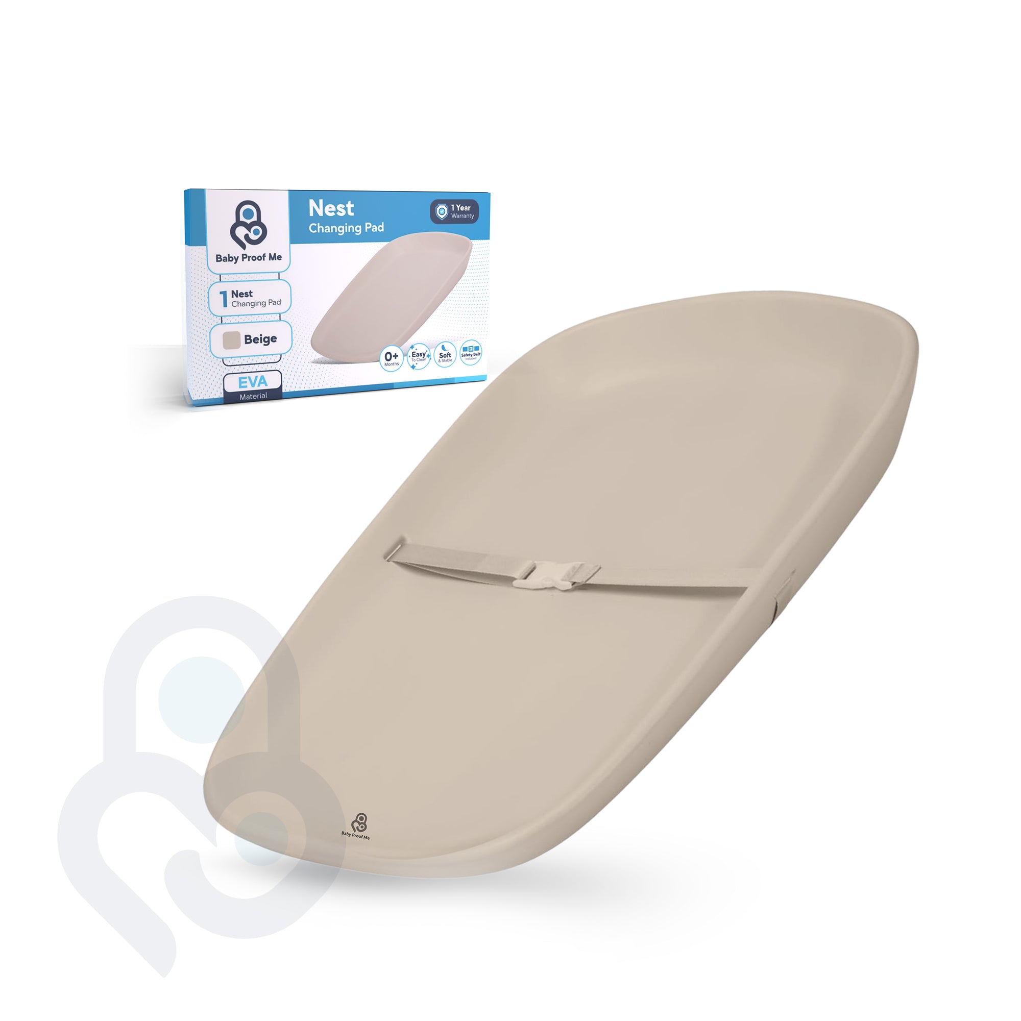 Baby Proof Me Nest EVA changing pad in beige with safety belt, shown beside retail packaging box