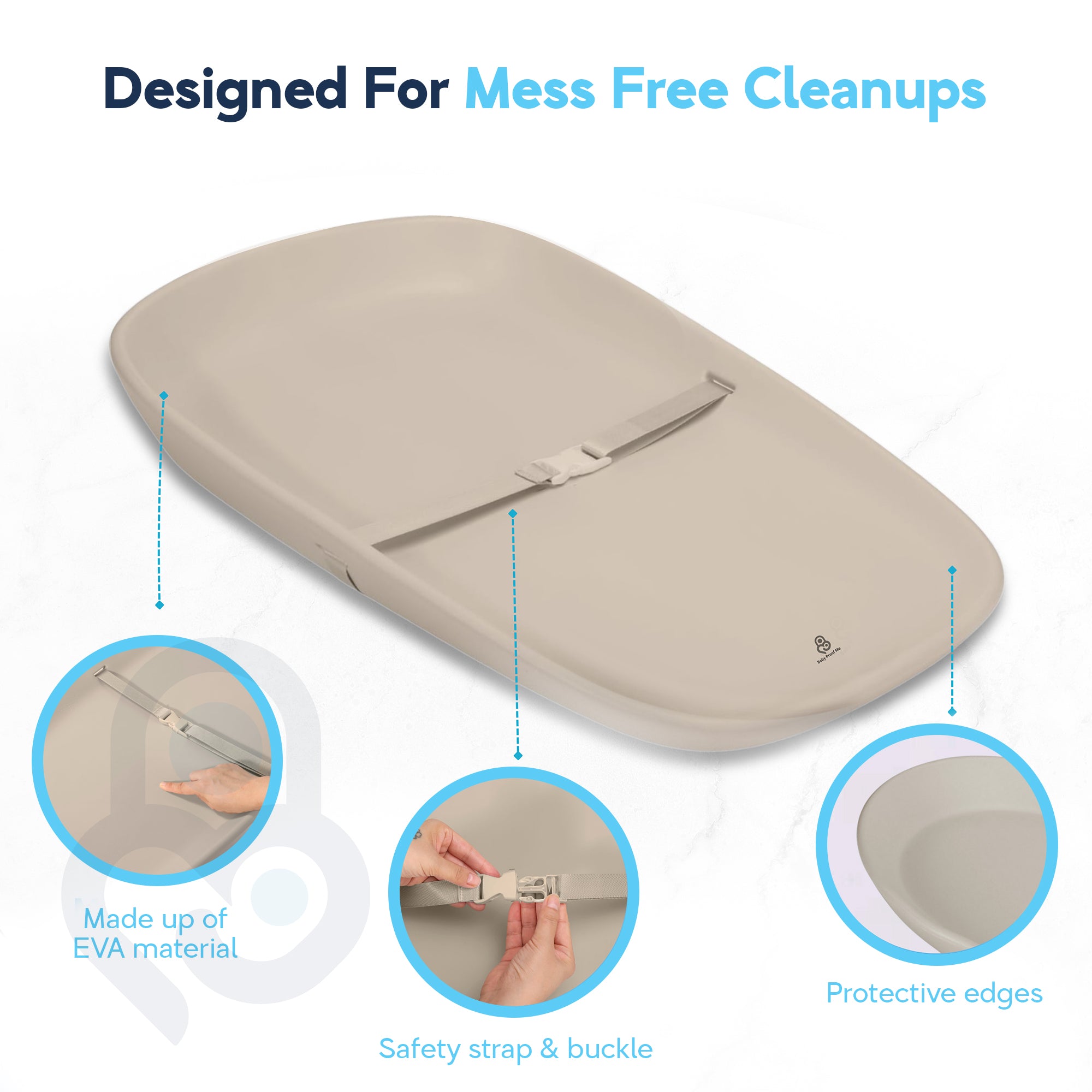 Infographic callouts: EVA material, safety strap buckle close-up, and protective rounded edges on beige changing pad