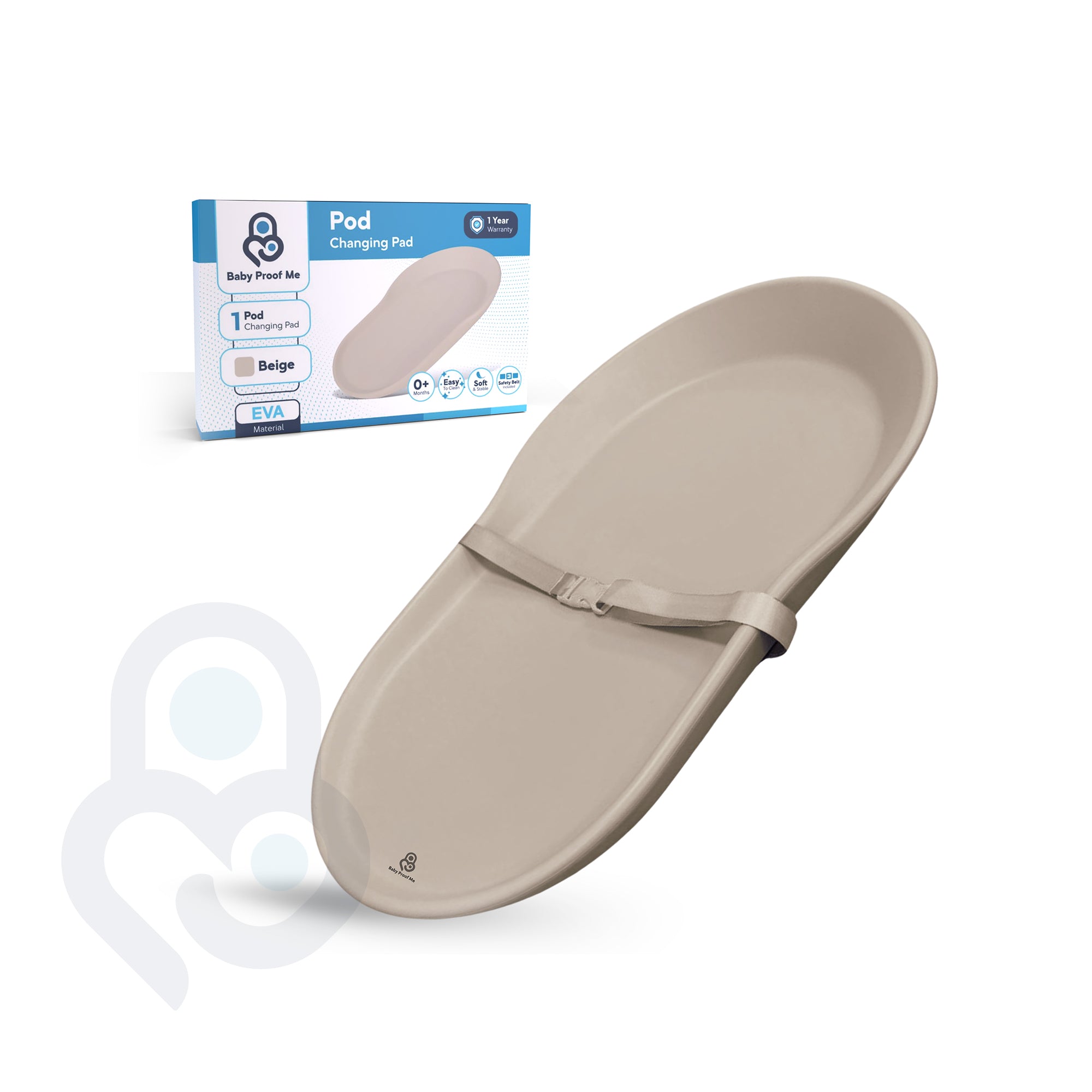 Baby Proof Me Pod EVA changing pad in beige with safety belt, shown beside retail packaging