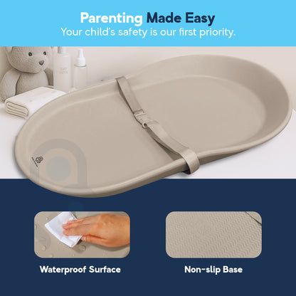 Waterproof EVA foam changing pad with non-slip base and safety belt strap, wiping closeup inset