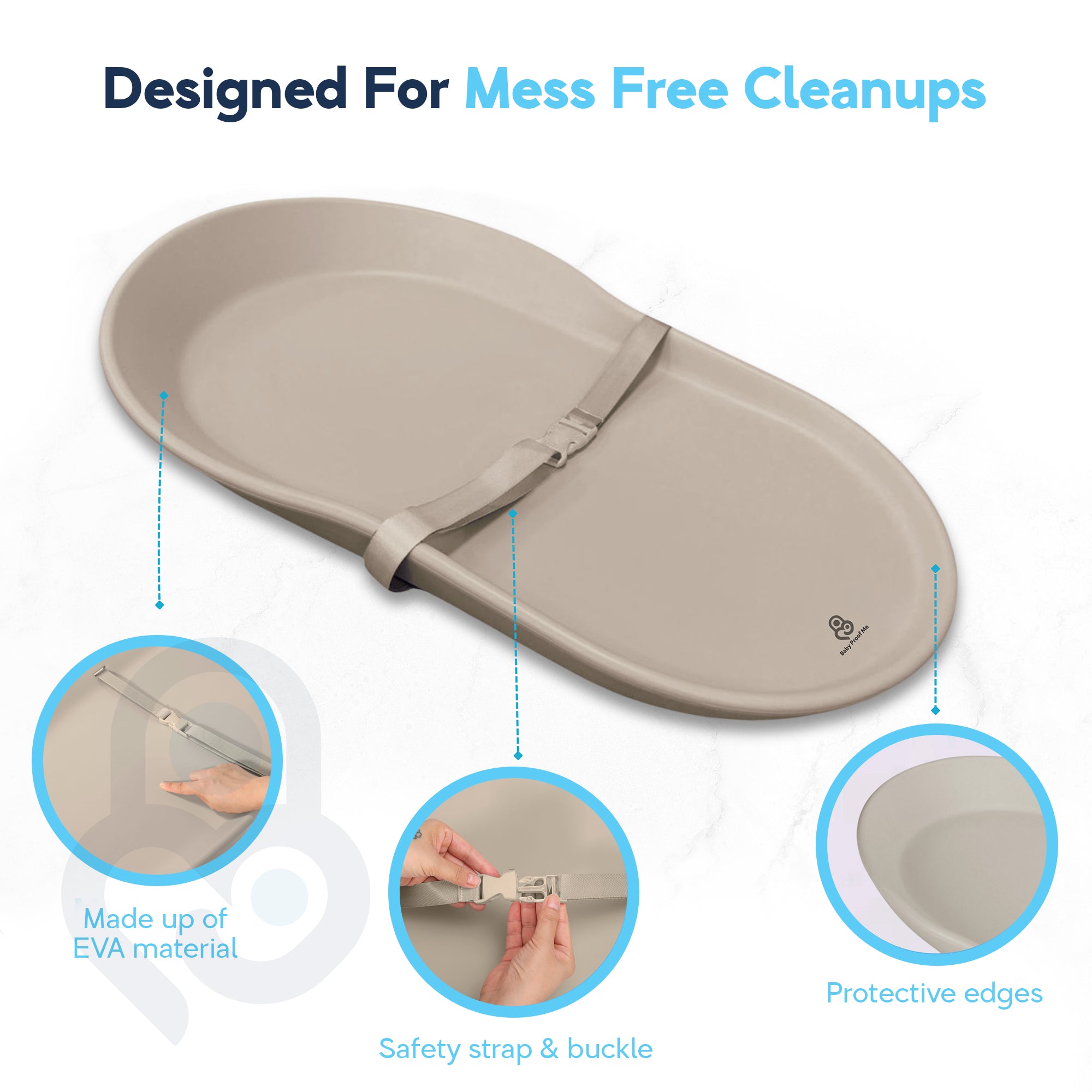 Beige EVA foam changing pad infographic showing safety buckle strap and protective rounded edges callouts