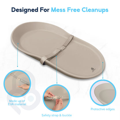 Beige EVA foam changing pad infographic showing safety buckle strap and protective rounded edges callouts