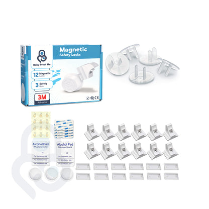 Baby Proof Me magnetic locks and outlet covers bundle: retail box, 12 locks, 3 keys, 3M adhesive pads