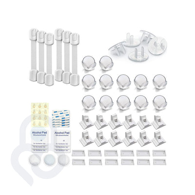 Complete baby safety kit: 6 strap locks, 12 corner guards, outlet covers, 3M adhesive pads, and alcohol wipes