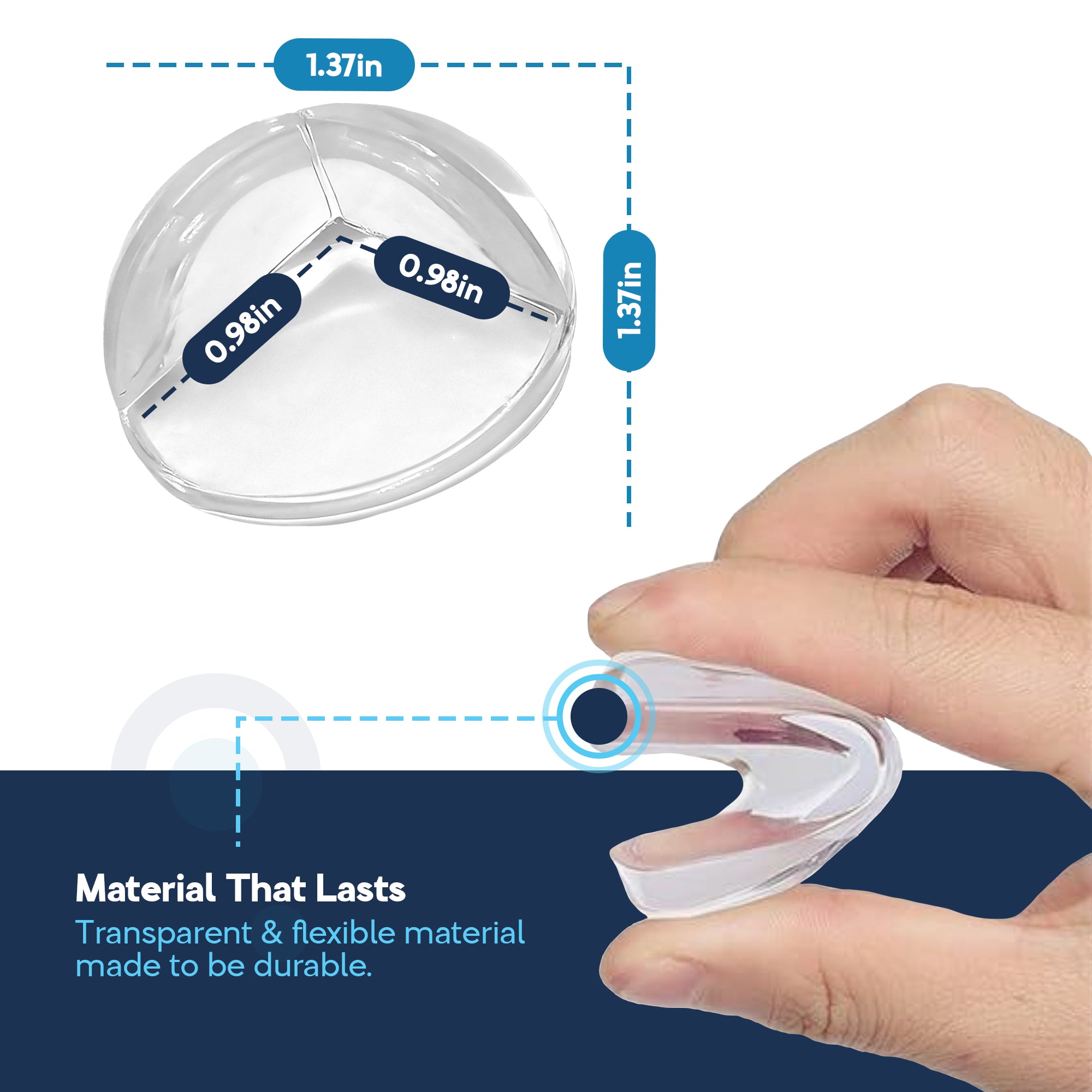 Hand pinching clear flexible corner protector beside 1.37×0.98in dimension diagram, transparent durable material callout