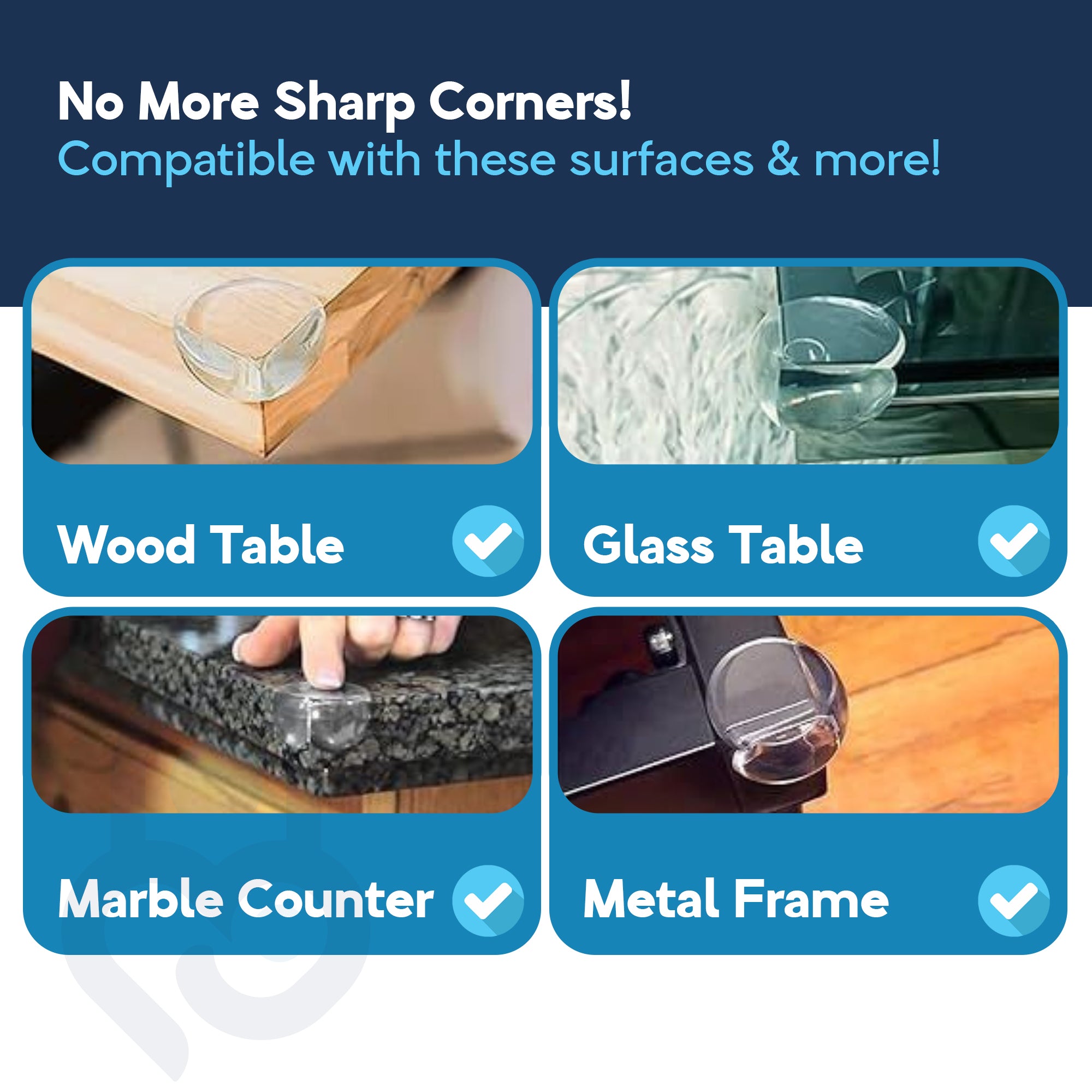 Clear TPE corner protectors on wood table, glass table, marble counter, and metal frame surfaces