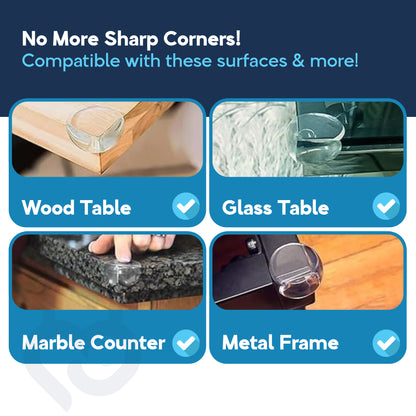 Clear TPE corner protectors on wood table, glass table, marble counter, and metal frame surfaces