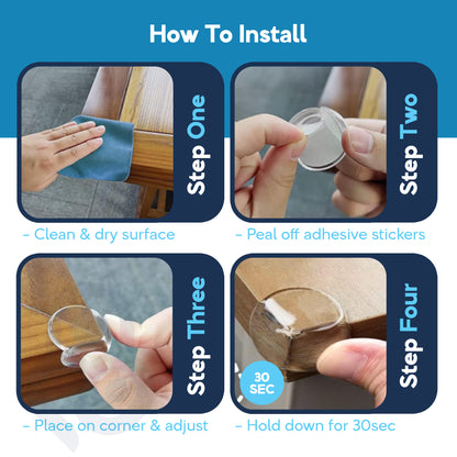 4-step corner protector install guide: clean surface, peel adhesive, place on wood corner, press 30 seconds