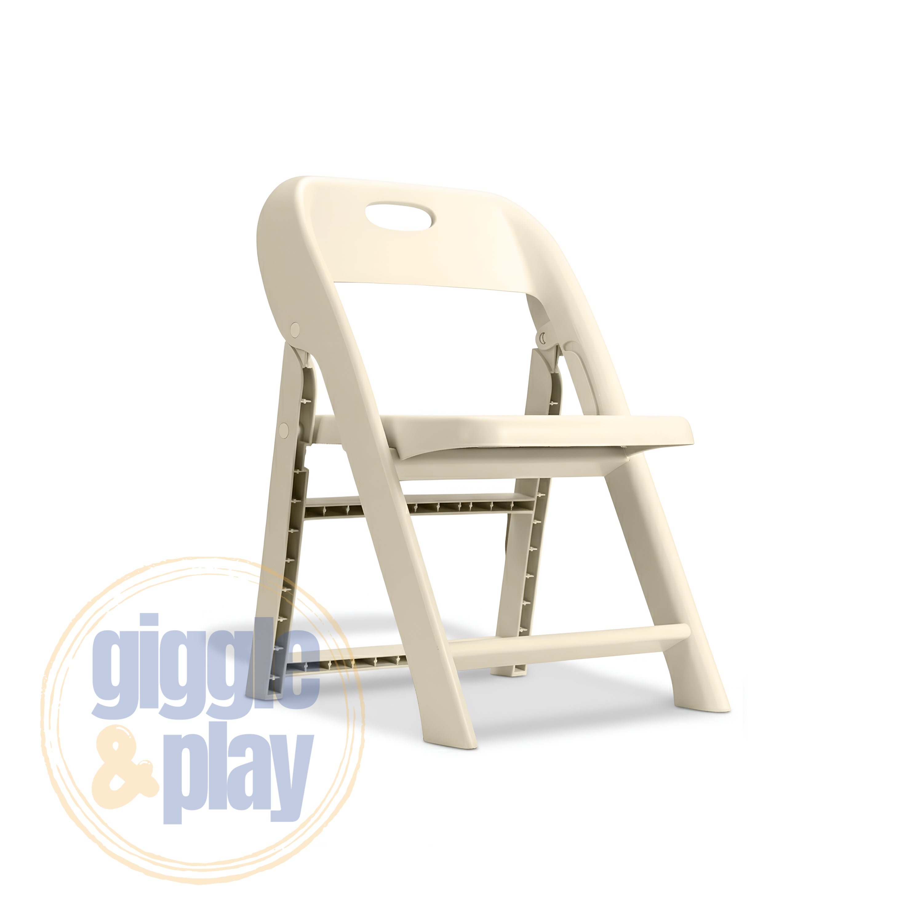 Beige kids folding chair angled view showing fold-flat PP frame, grid-back legs, and carry handle cutout