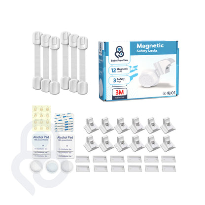 Baby Proof Me Home Duo kit: 6 strap locks, 12 magnetic cabinet locks, 3 keys, 3M adhesive pads