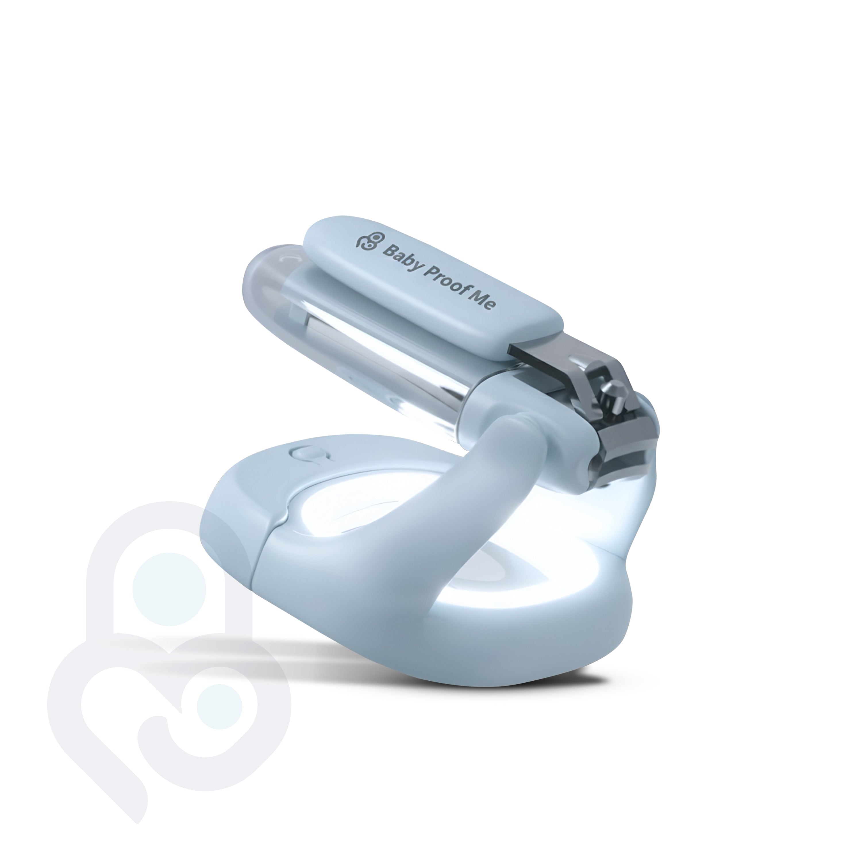 Blue baby nail clipper with built-in LED magnifier base and stainless steel blade, lid open