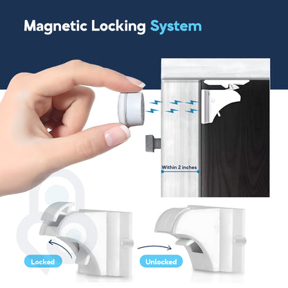 Magnetic key unlocks hidden cabinet latch within 2 inches through door panel, locked and unlocked states shown
