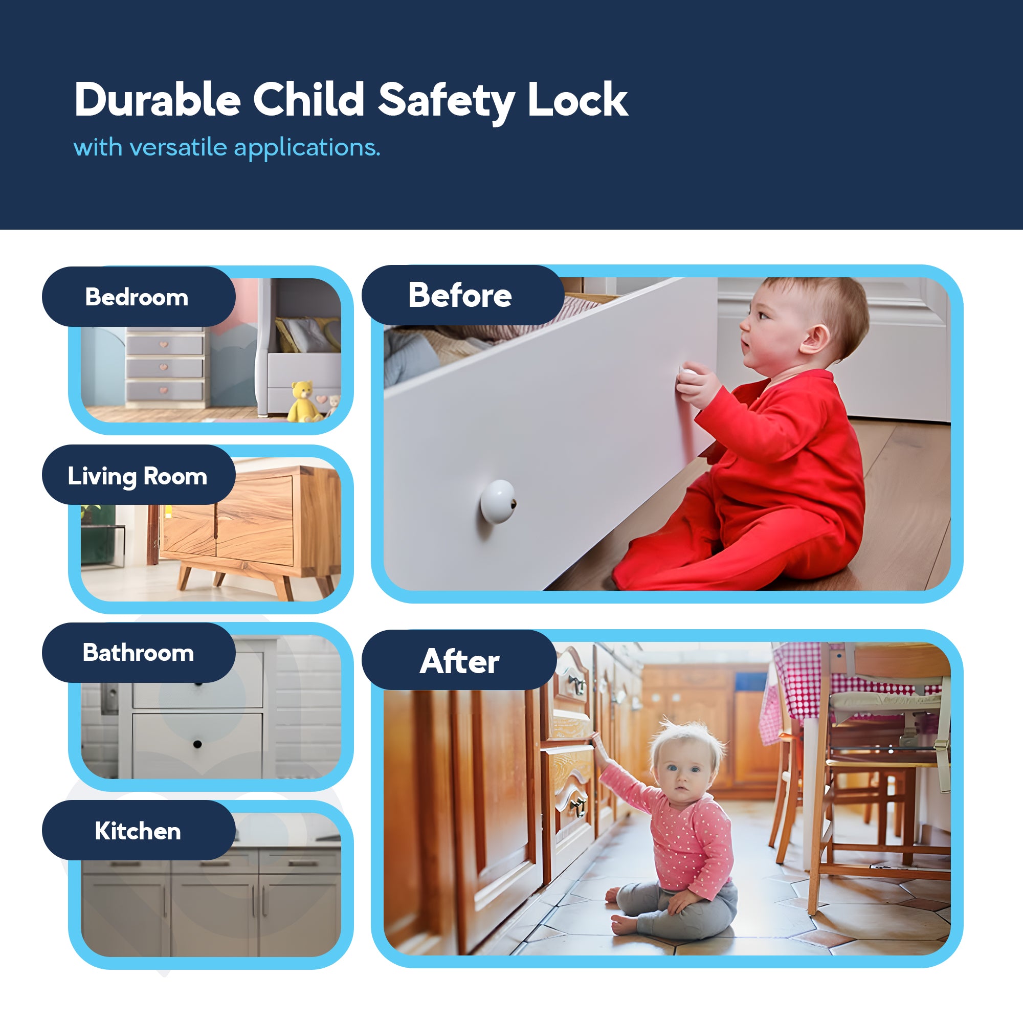 Before-and-after: toddler opening unlocked drawer vs. baby unable to open magnetic cabinet locks in kitchen