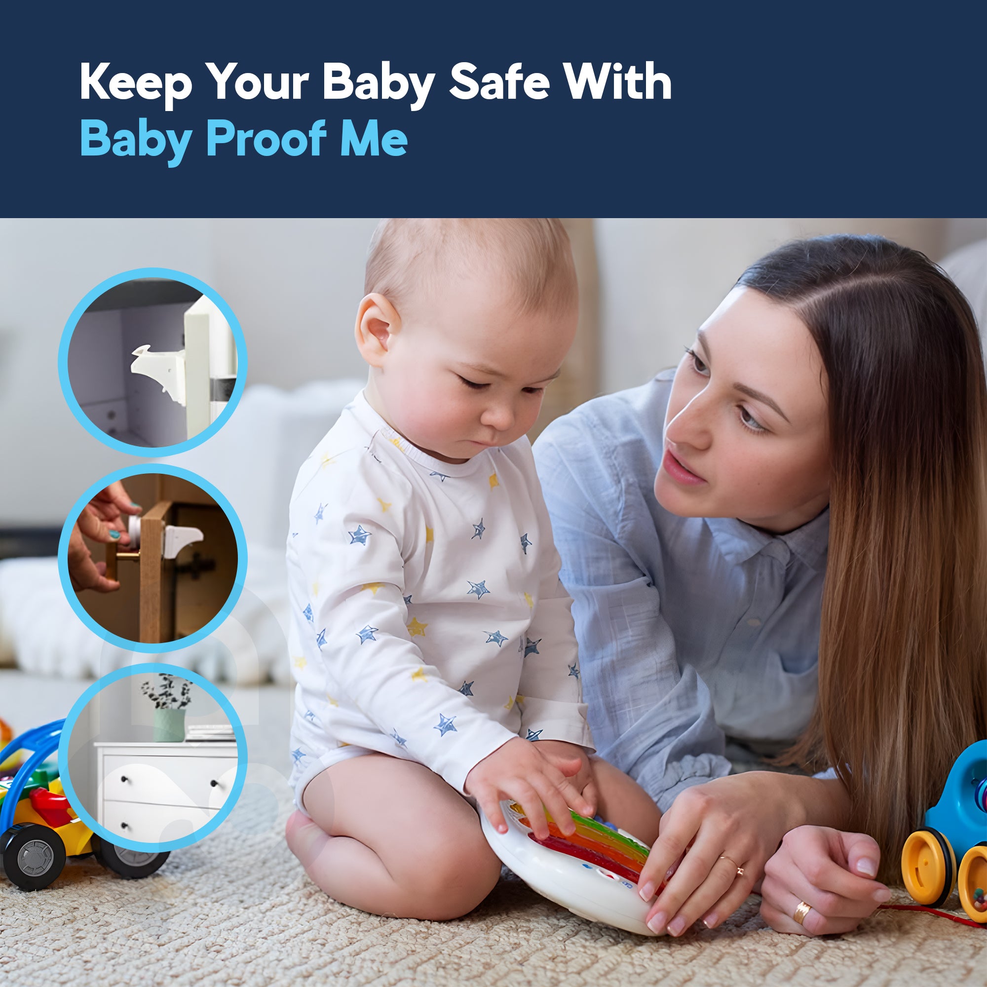 Mom and baby playing on carpet beside Baby Proof Me magnetic cabinet locks lifestyle brand banner