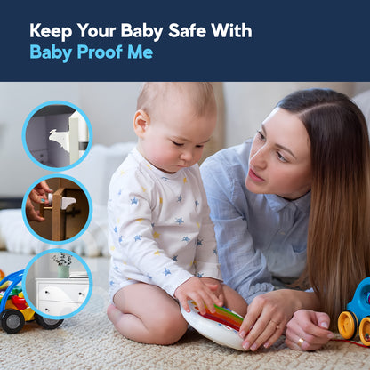 Mom and baby playing on carpet beside Baby Proof Me magnetic cabinet locks lifestyle brand banner