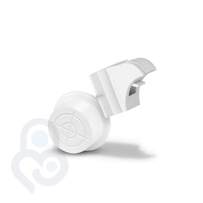White magnetic cabinet lock lying on its side, crosshair release face and open clip-mount bracket visible