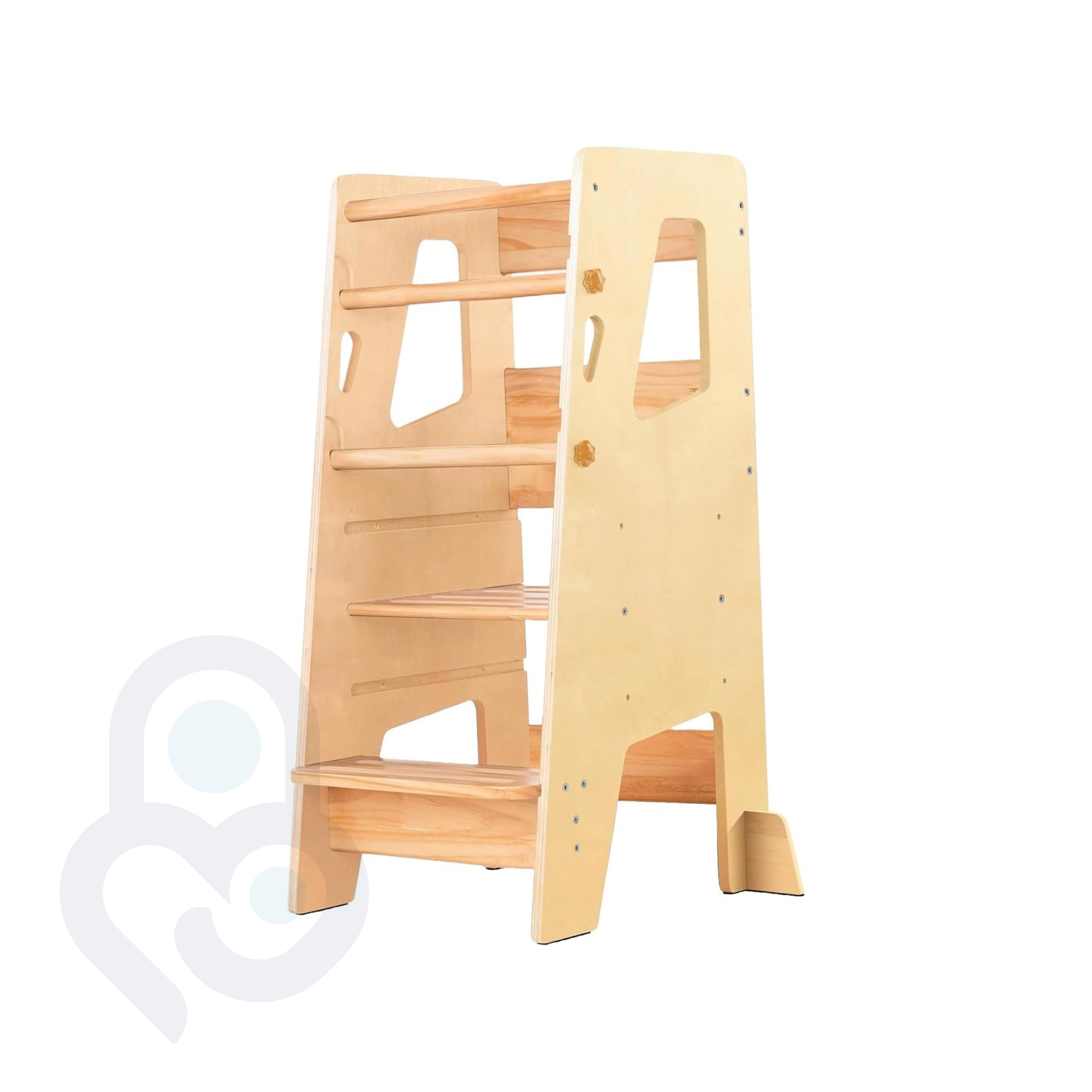 Natural wood Montessori Learning Tower with detachable knob-screw safety bars and four anti-slip steps