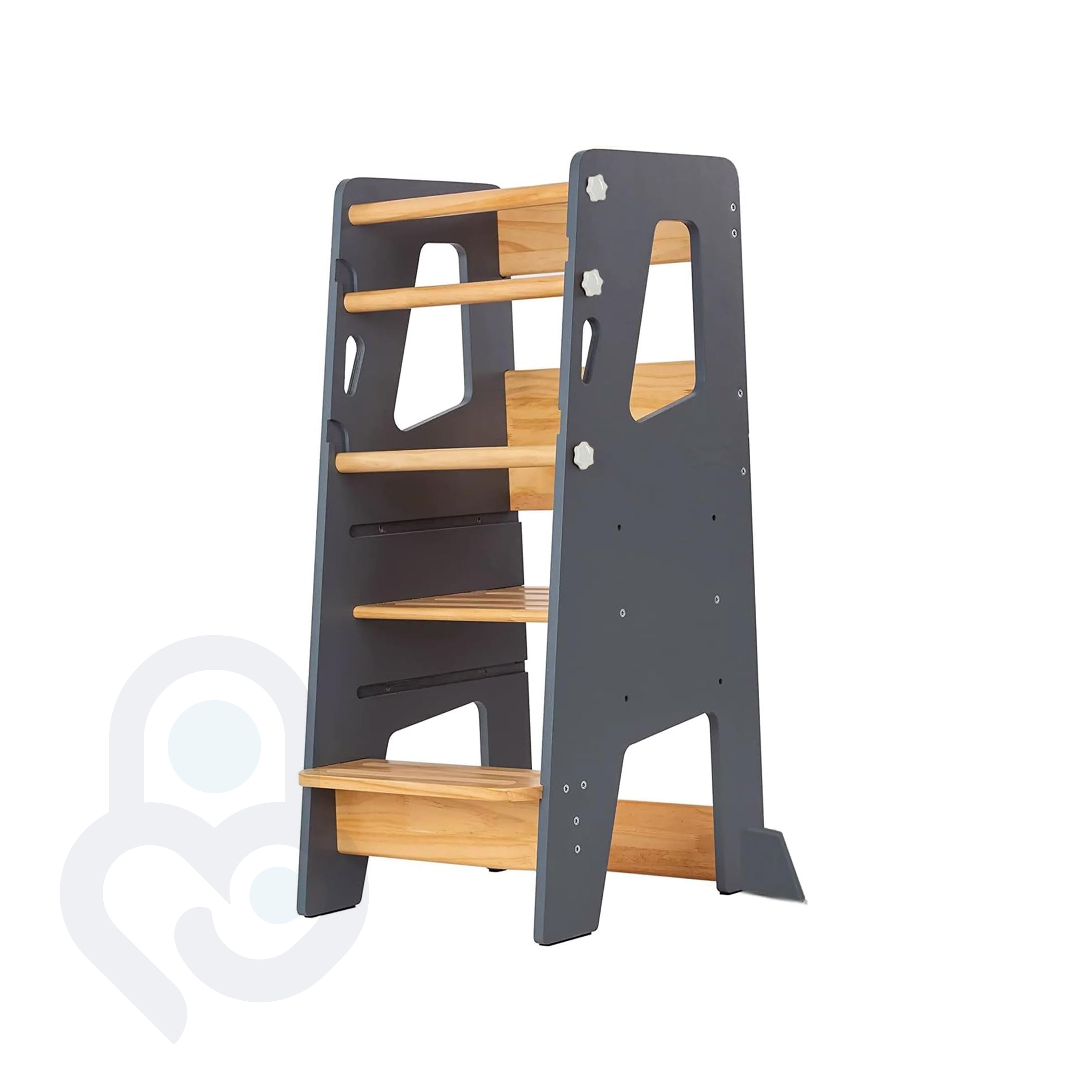 Montessori Learning Tower in anthracite and natural wood with adjustable knob-screw safety rails
