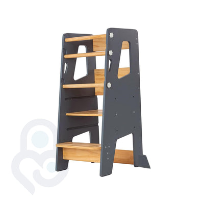 Montessori Learning Tower in anthracite and natural wood with adjustable knob-screw safety rails