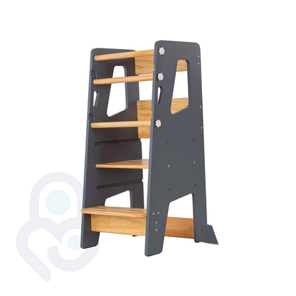 Montessori Learning Tower in anthracite and natural wood with adjustable knob-screw safety rails