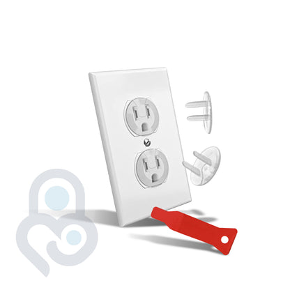 Clear outlet plug covers and red removal key displayed beside white duplex outlet wall plate