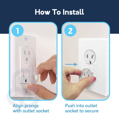 2-step installation guide: aligning prongs then pushing clear outlet plug cover into duplex socket
