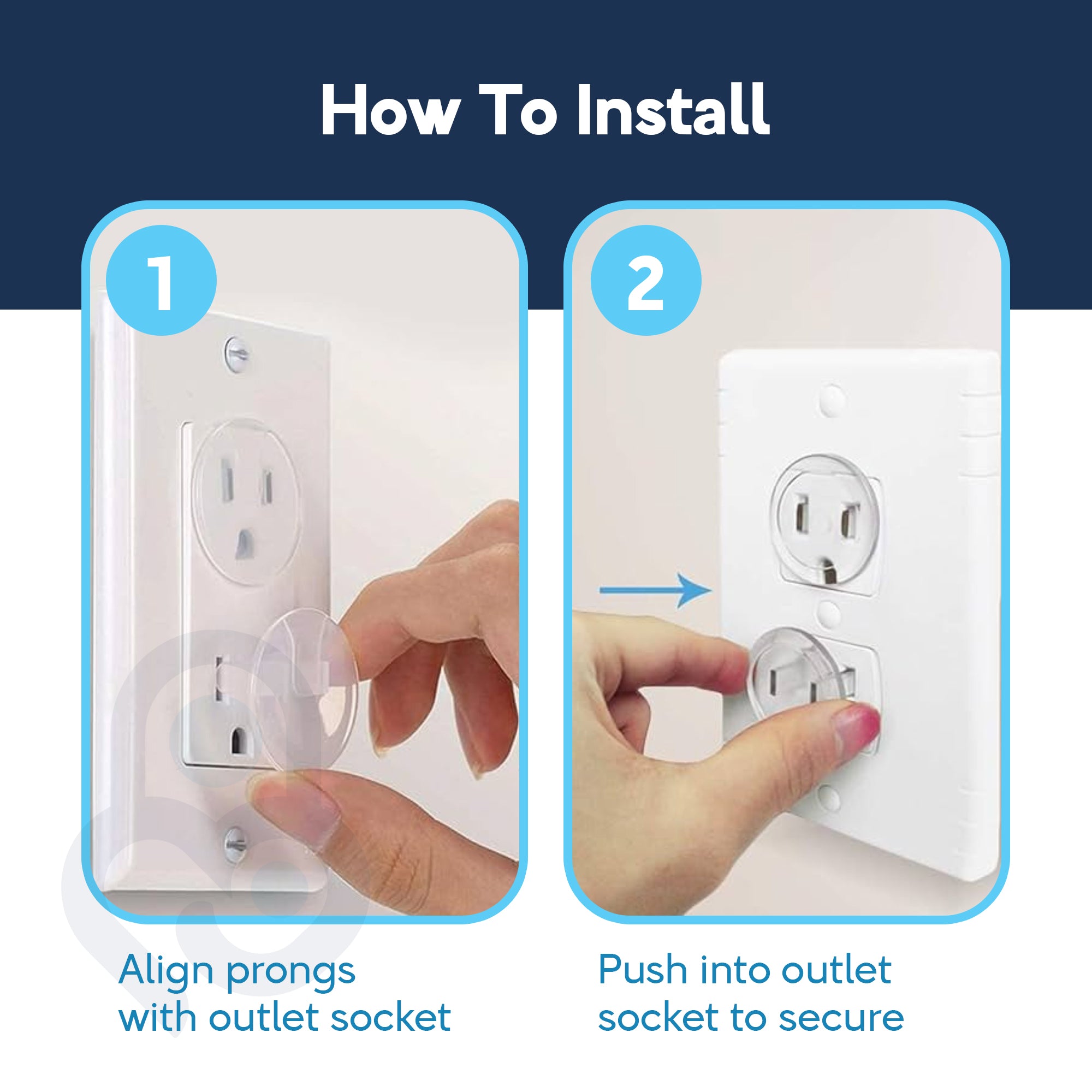 2-step outlet cover installation guide: align prongs then push clear plug into duplex wall socket to secure