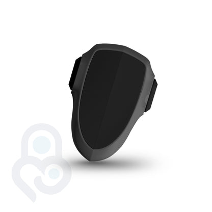 Black oven and appliance safety lock with side-grip tabs, shield-shaped body, adhesive-mount no-drill design