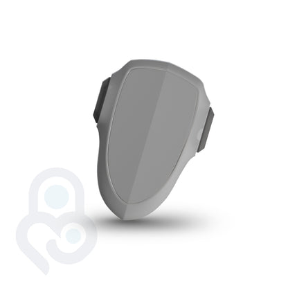 Grey oven and appliance safety lock, shield-shaped body with side-grip tabs and no-drill adhesive mount