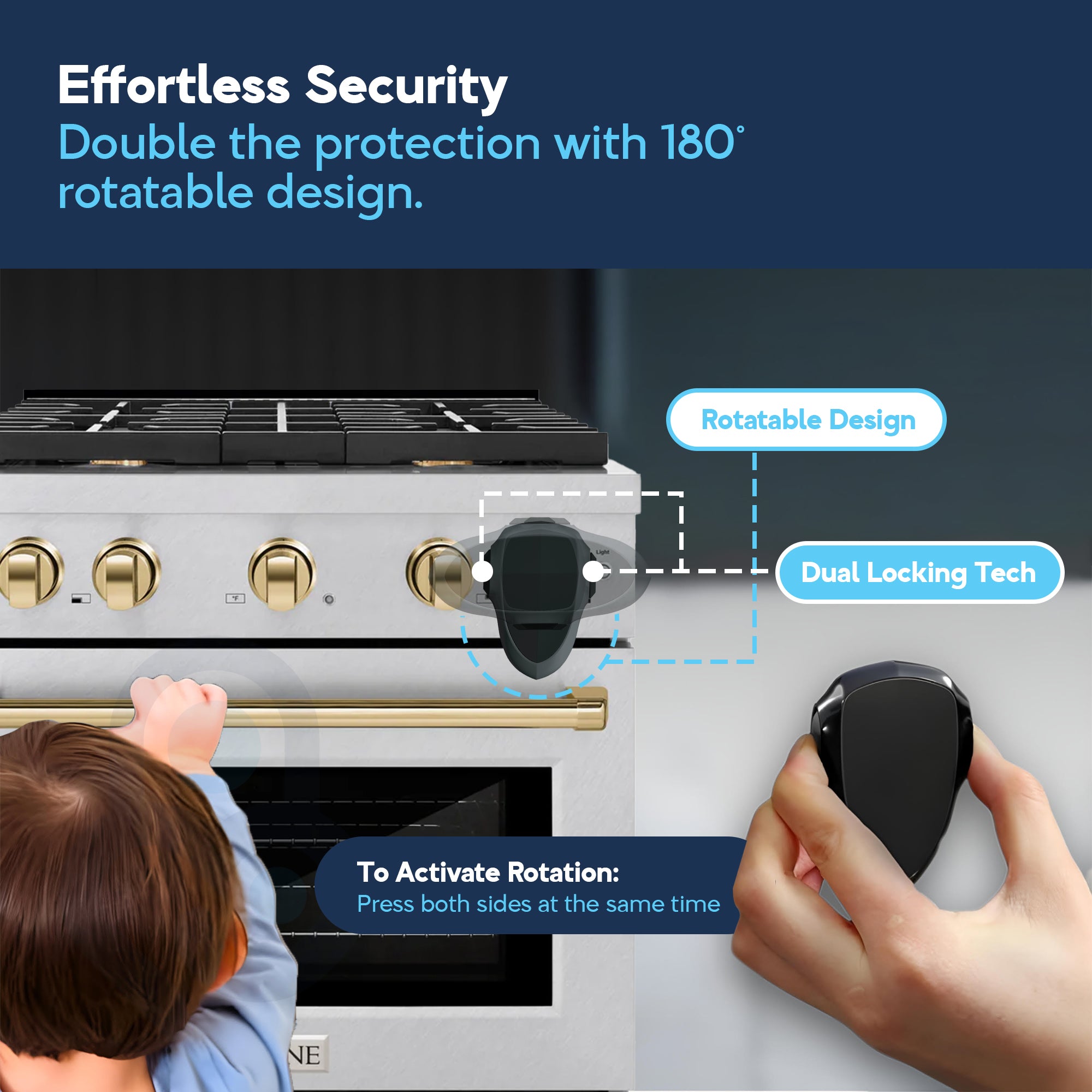 Toddler reaching for stainless steel oven as dual-locking 180° rotatable knob cover blocks access