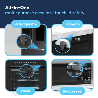 All-in-one appliance safety lock on oven, microwave, refrigerator, and drawer — 4-use compatibility chart