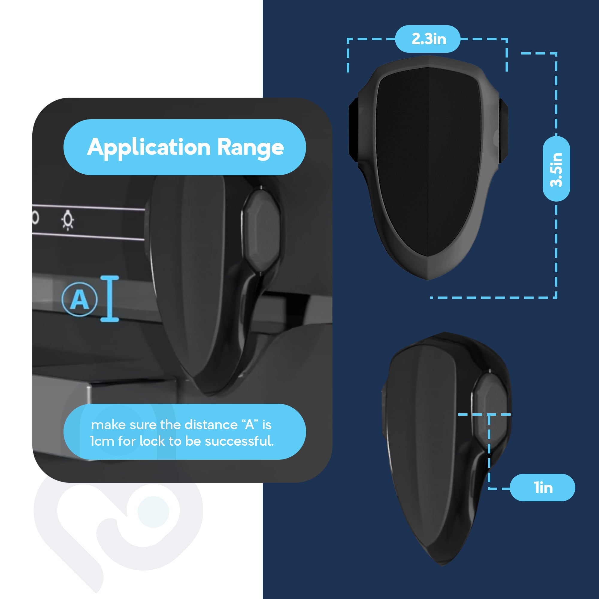 Oven appliance safety lock dimensions diagram: 2.3in wide, 3.5in tall, 1in depth with 1cm gap guide