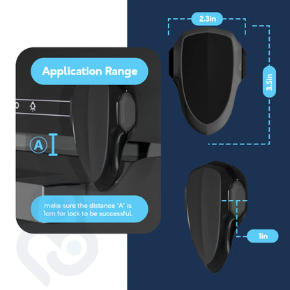 Oven appliance safety lock dimensions diagram: 2.3in wide, 3.5in tall, 1in depth with 1cm gap guide