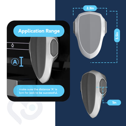 White oven safety lock application range infographic showing 2.3in x 3.5in dimensions and 1cm gap rule