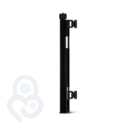 Black retractable mesh baby gate side profile showing dual wall-mount brackets and ribbed mesh roll