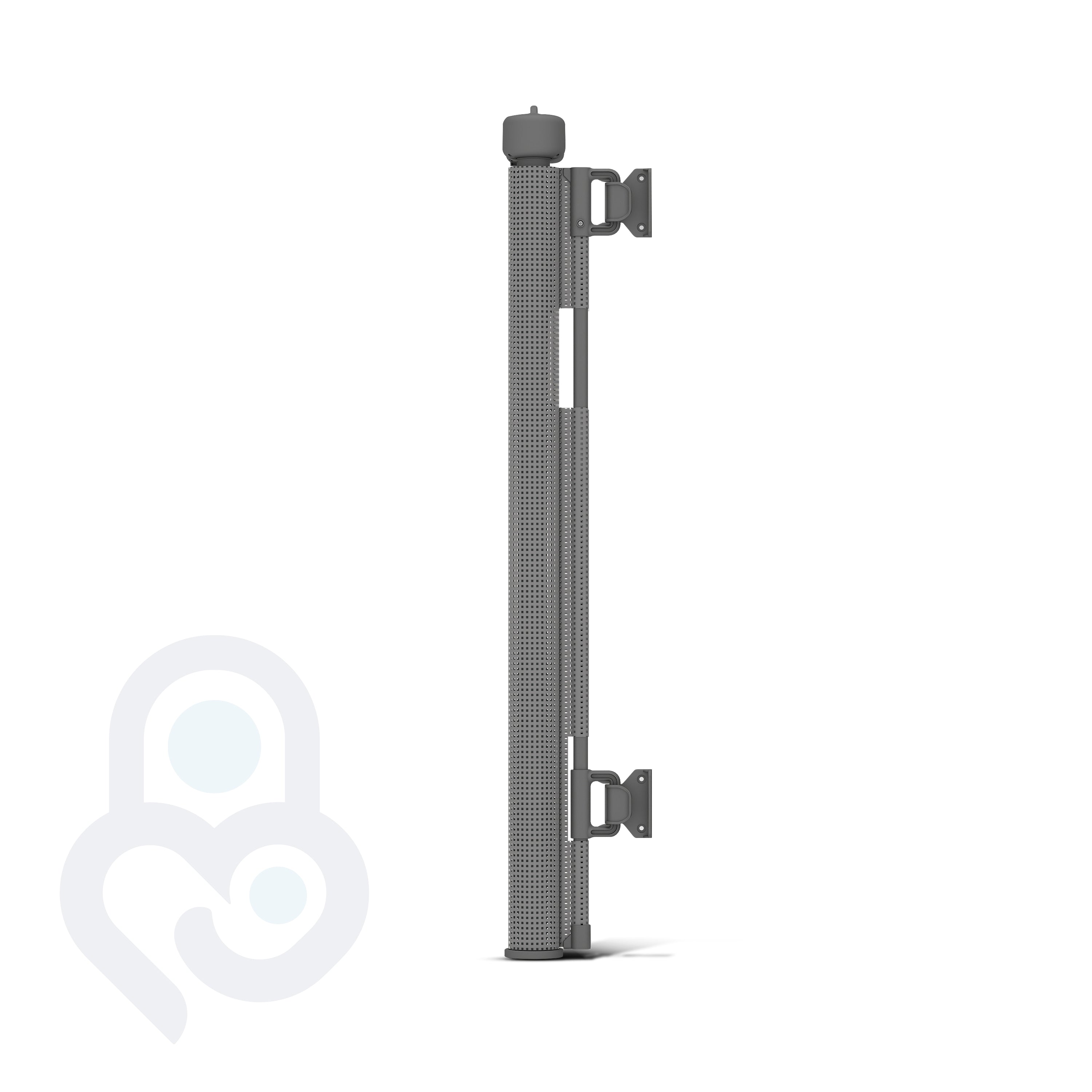 Grey retractable mesh baby gate side profile with dual screw-mount wall brackets and ribbed mesh panel