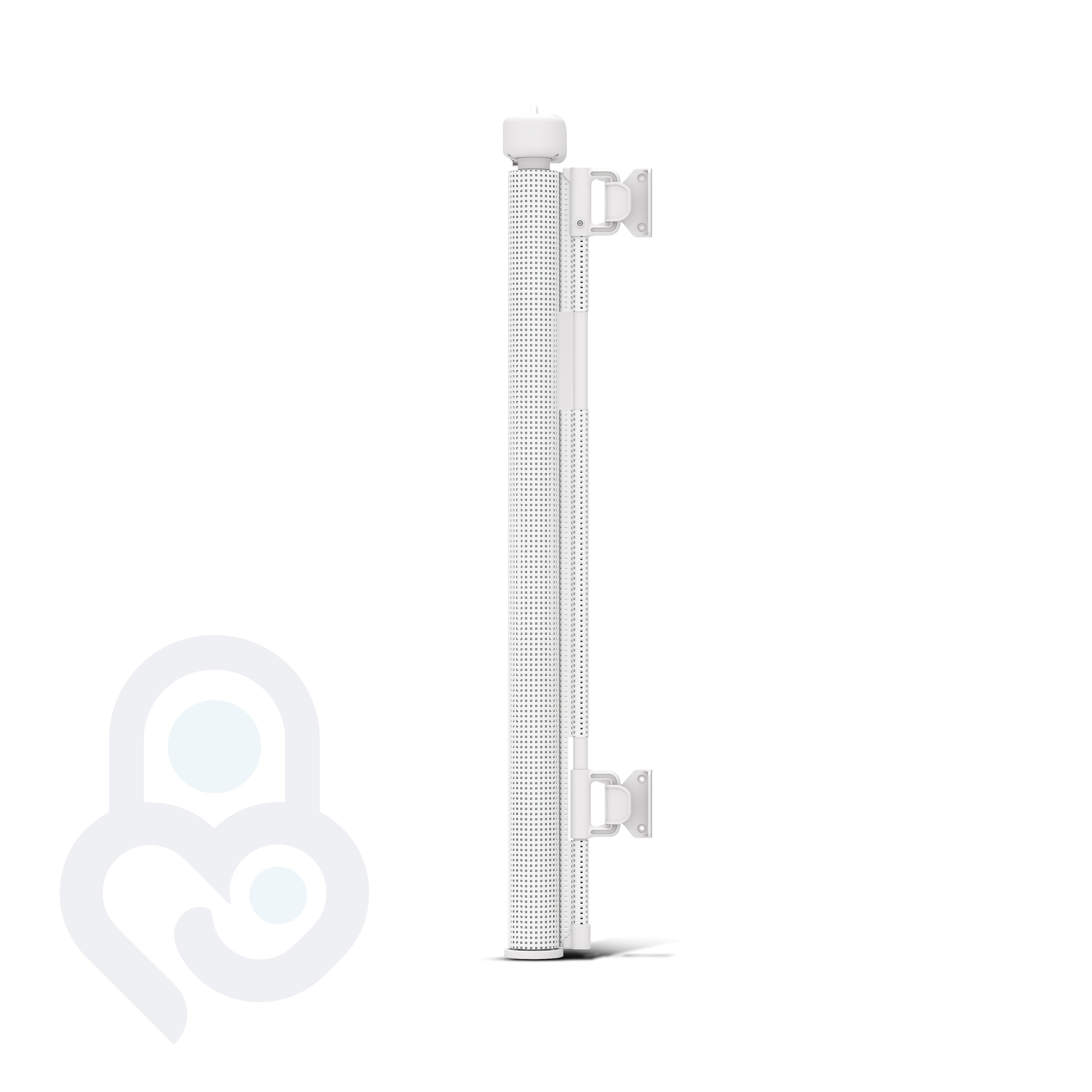 White retractable mesh baby gate side profile with dual screw-mount wall brackets and ribbed mesh roll