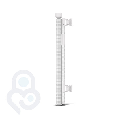 White retractable mesh baby gate side profile with dual screw-mount wall brackets and ribbed mesh roll