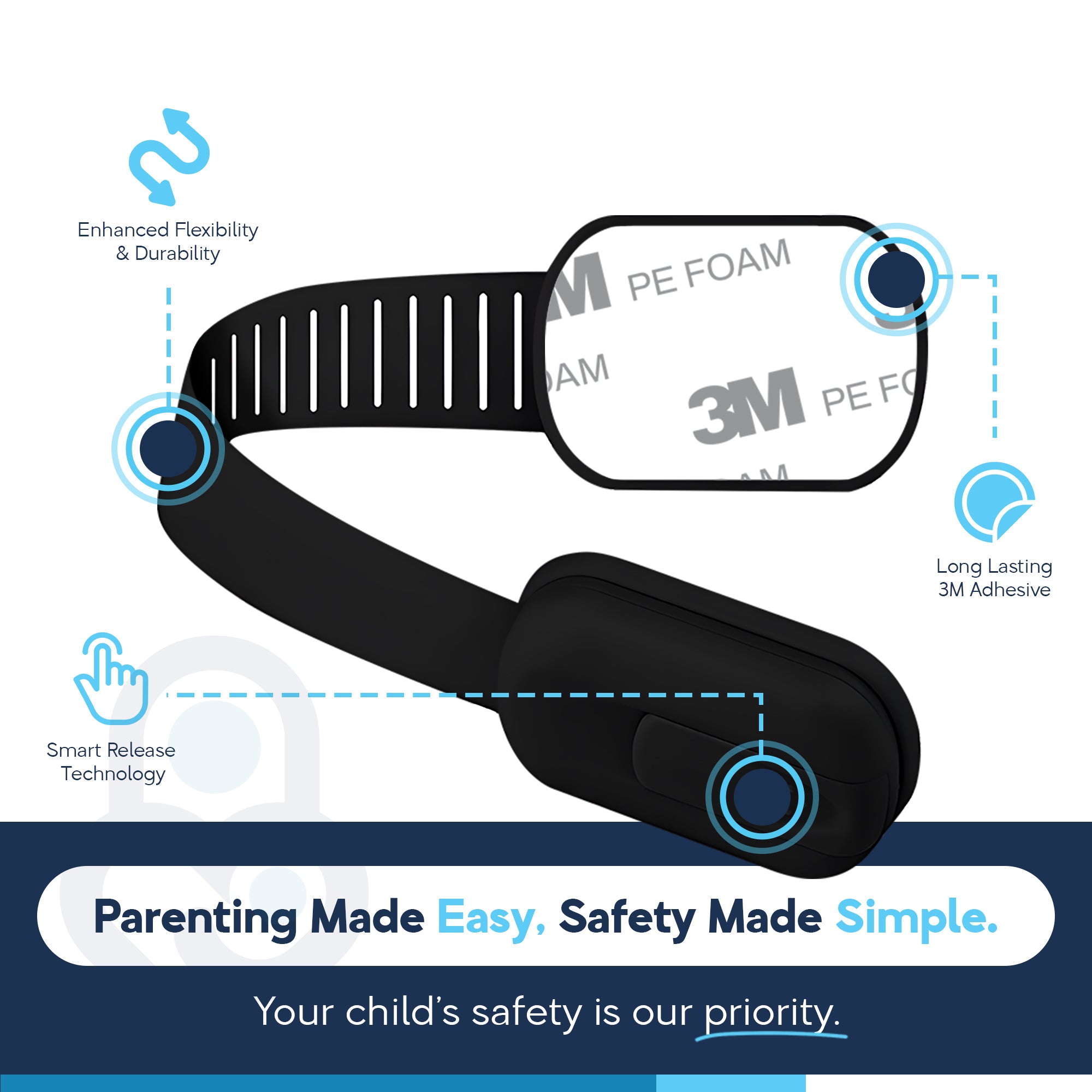 Black adjustable strap lock infographic showing 3M PE foam adhesive pad and smart release button callouts
