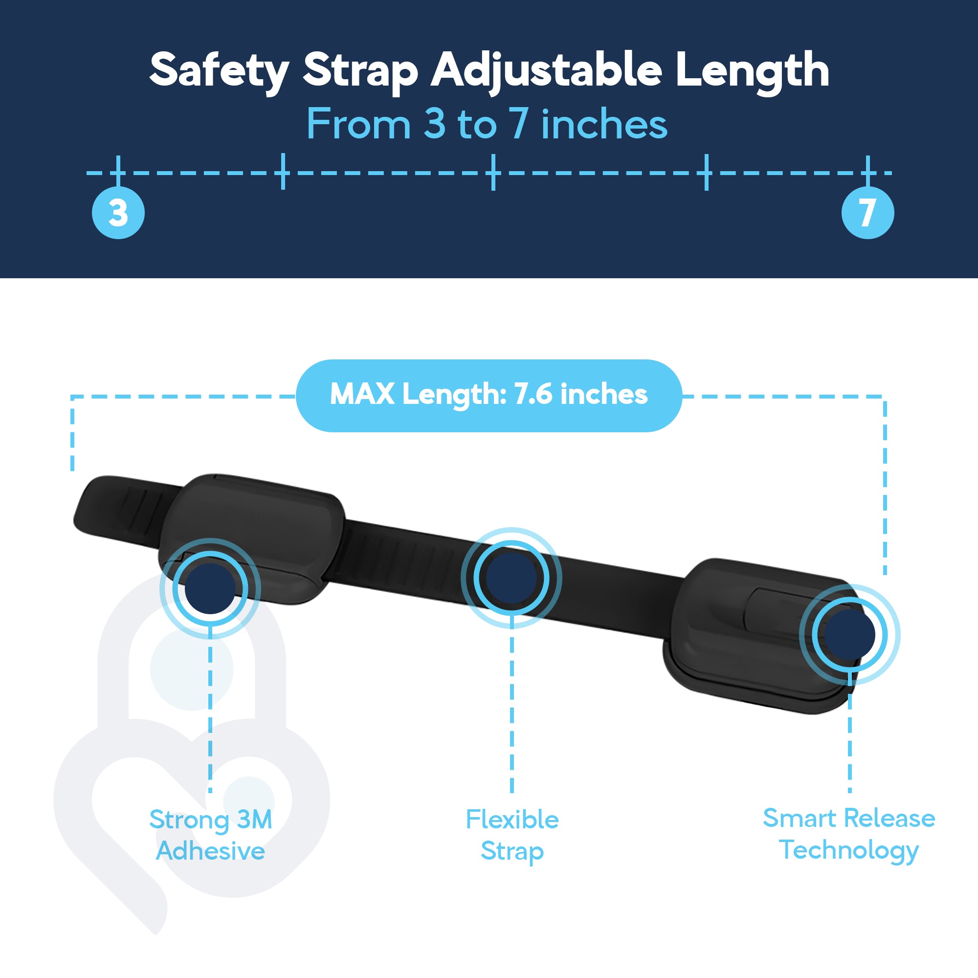 Black adjustable strap lock infographic: 3–7 inch range, 3M adhesive, flexible strap, and smart release callouts