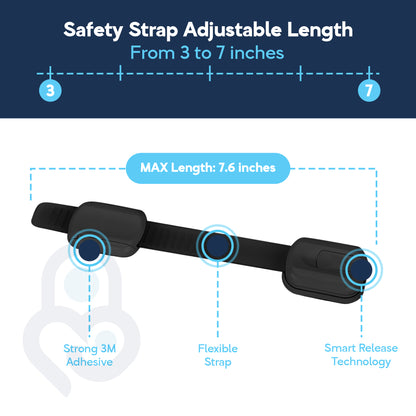 Black adjustable strap lock infographic: 3–7 inch range, 3M adhesive, flexible strap, and smart release callouts