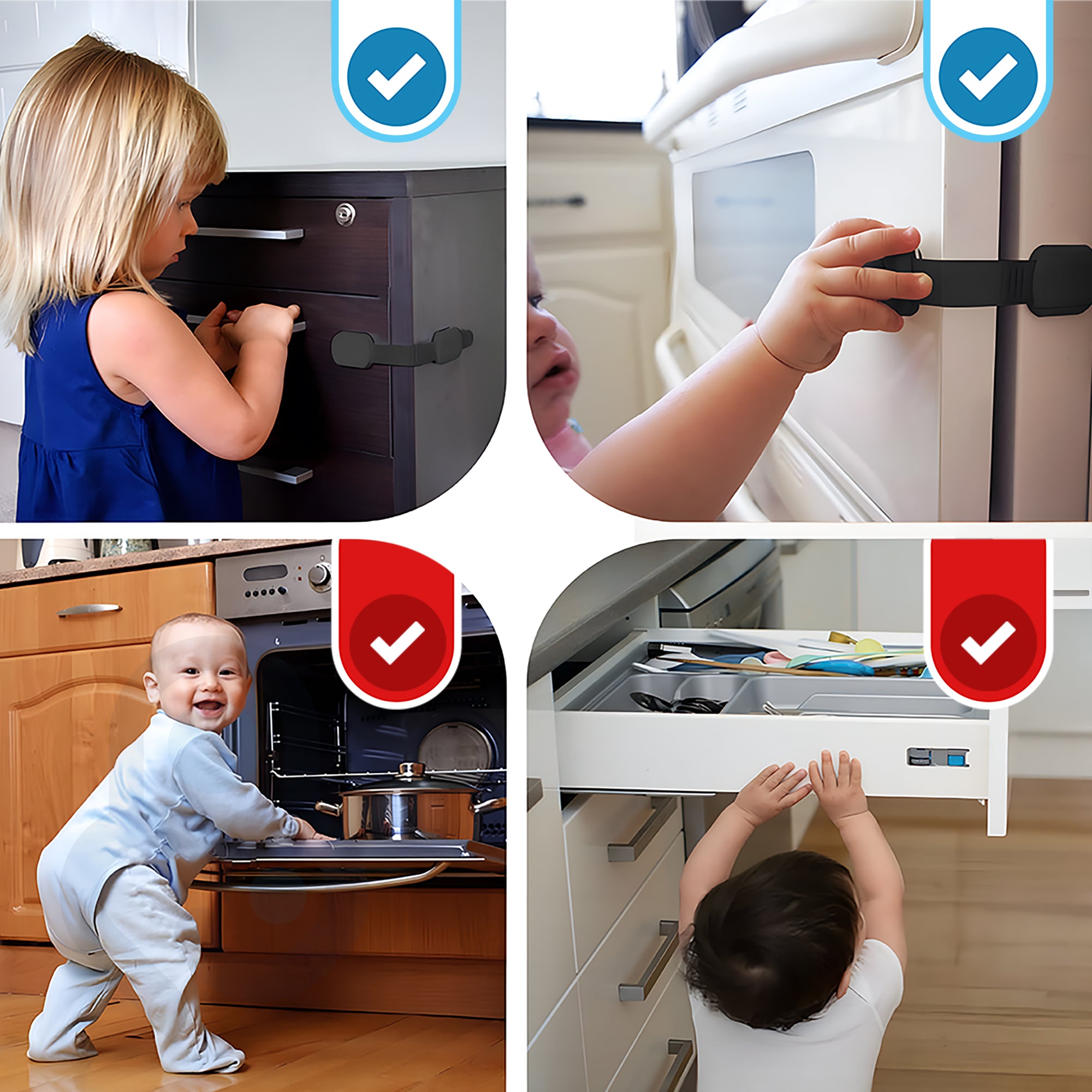 4-panel collage: toddlers accessing open oven, drawer, and appliances blocked by black adjustable strap locks