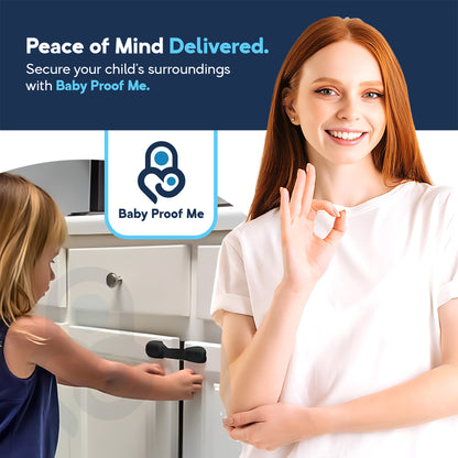 Smiling mom gives OK sign as toddler tugs white cabinet secured by black adjustable strap lock