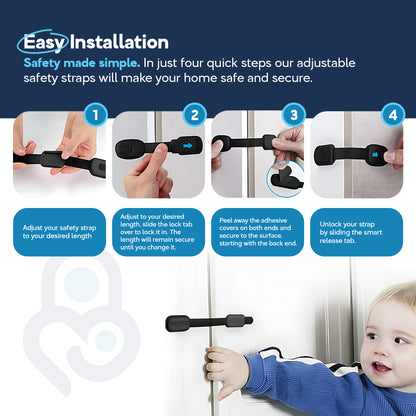 4-step install guide: adjust, lock tab, peel 3M adhesive, release — toddler pulling white cabinet door below