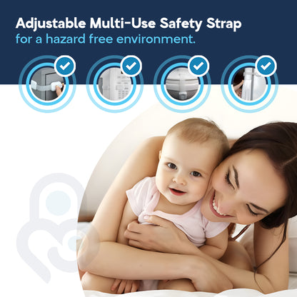Mom holding smiling baby beside 4 use-case icons: cabinet, microwave, toilet, fridge secured by adjustable safety strap lock