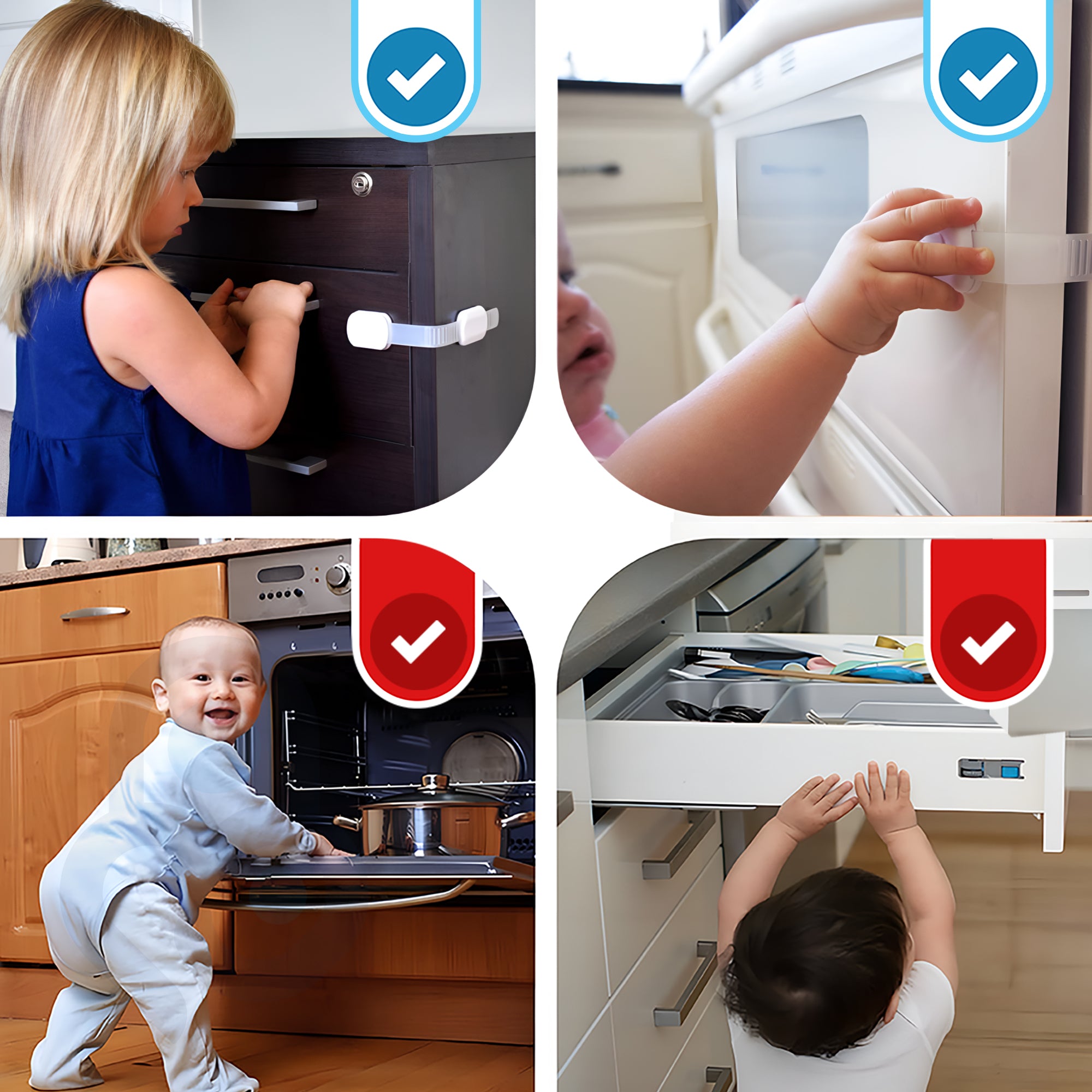 Toddler pulling open white kitchen drawer while baby reaches oven door, safety strap locks in use