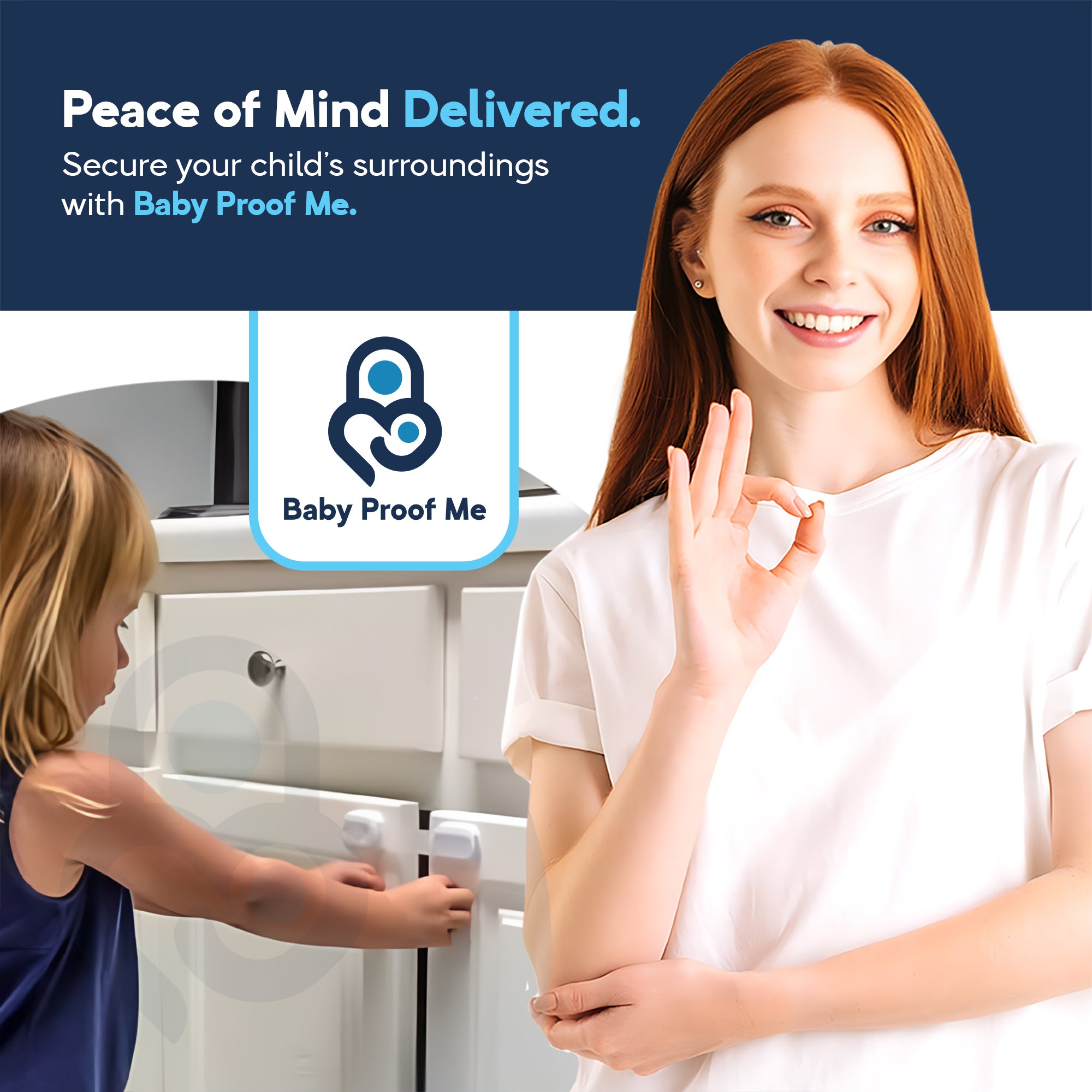Smiling mom gives OK sign beside toddler tugging white cabinet secured by Baby Proof Me safety strap lock