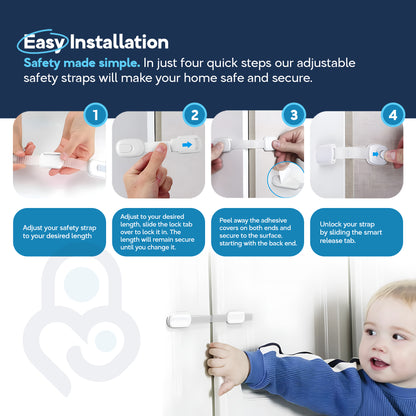 4-step adhesive safety strap installation guide with toddler unable to open white door