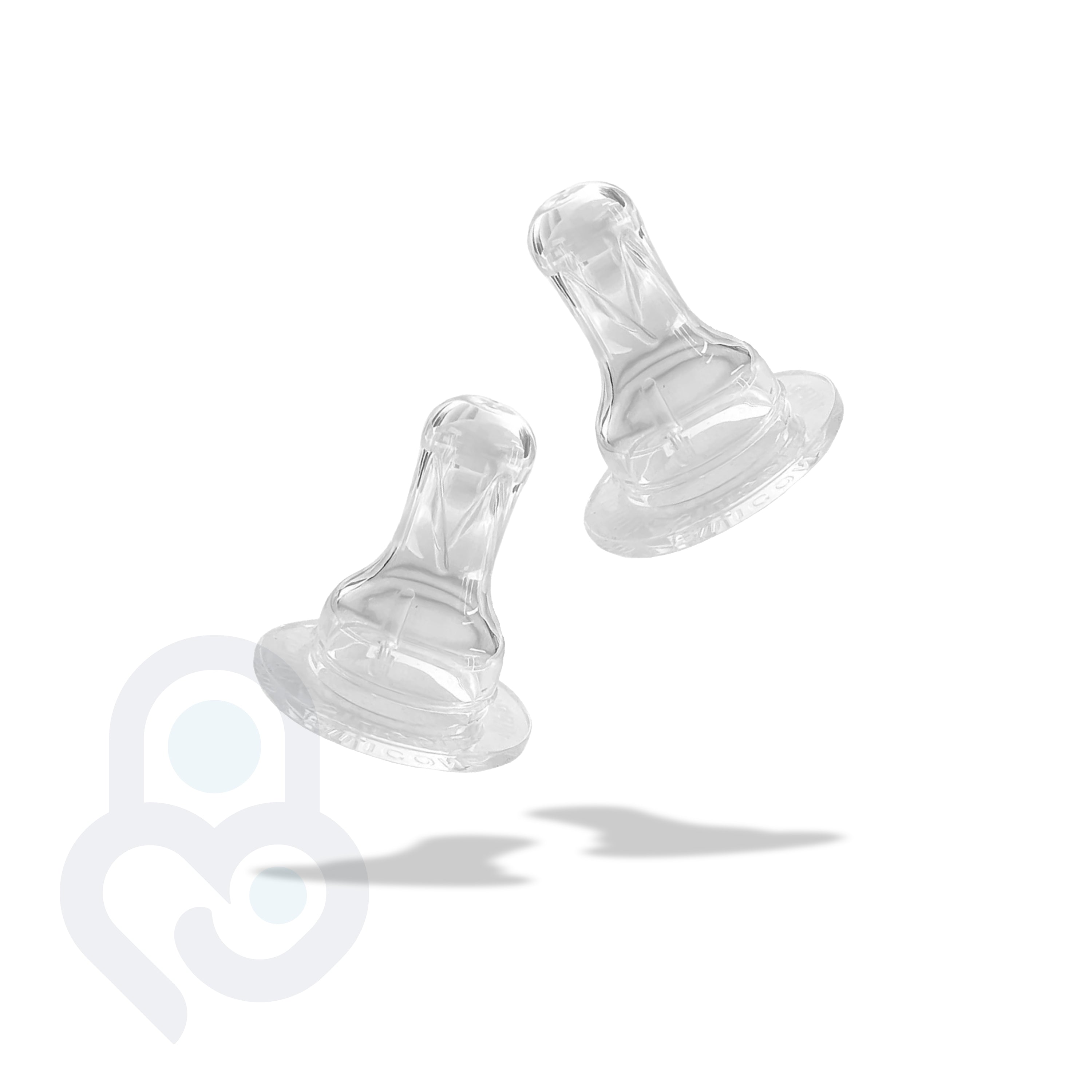 2-pack clear SkinSoft Silicone Nipples in medium flow level 2, floating product view